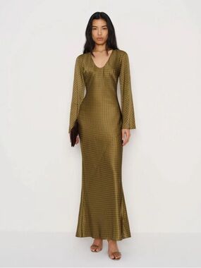 Reformation Vivia Silk Green Maxi Gown